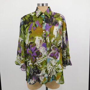 CJ Banks Women Multicolor Floral Collared Button Up 3/4 Sleeve Blouse Size X 14W